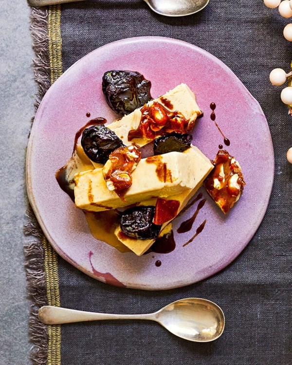 Maple-peanut parfait with peanut brittle and boozy prunes