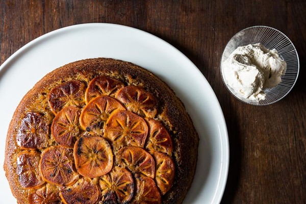 Maple persimmon upside-down cake with maple cream