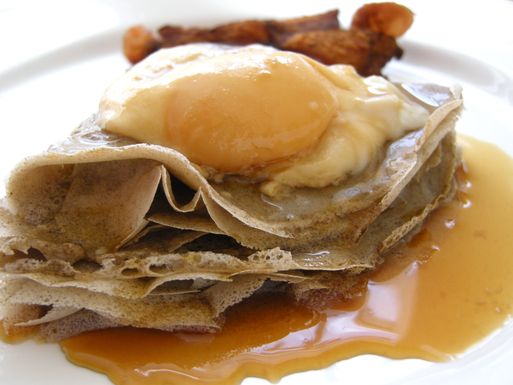 Maple poached eggs on buckwheat crepes