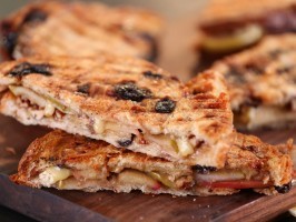 Maple-roasted apple and Brie panini on cinnamon raisin bread