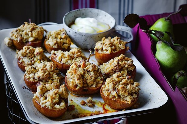 Maple-roasted pears with nut crumble