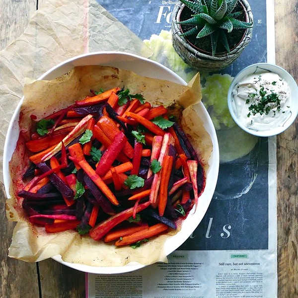 Maple-roasted root vegetables with tahini yogurt