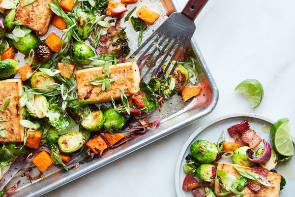 Maple-roasted tofu with butternut squash and bacon