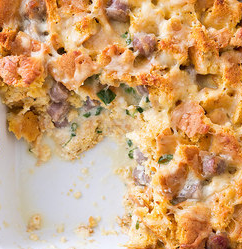 Maple-sausage featherbed eggs