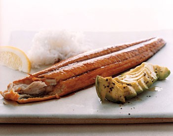 Maple-soy-glazed mackerel fillets with avocado
