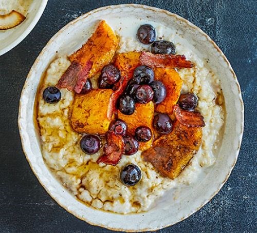Maple squash, bacon and blueberry porridge topper