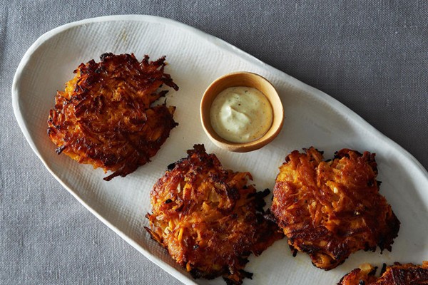 Maple sweet potato cakes with curried Greek yogurt