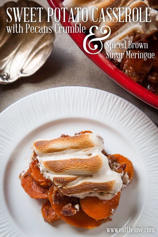 Maple sweet potato casserole with meringue and pecans crumble
