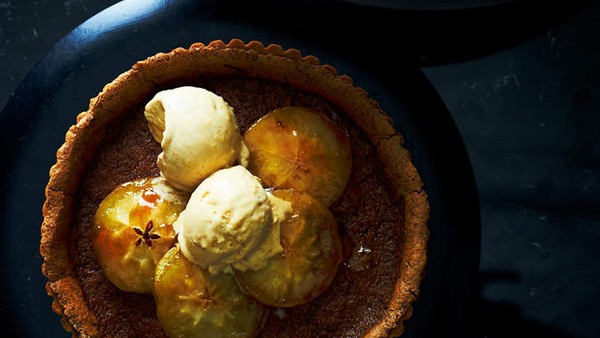 Maple syrup and brown sugar tart with caramel apples and pancake ice-cream