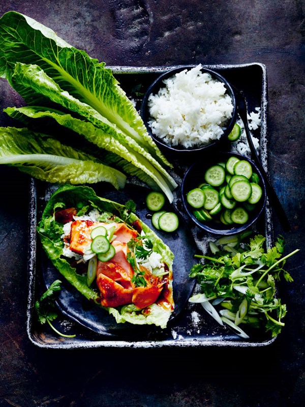 Maple teriyaki salmon with lettuce cups and pickles