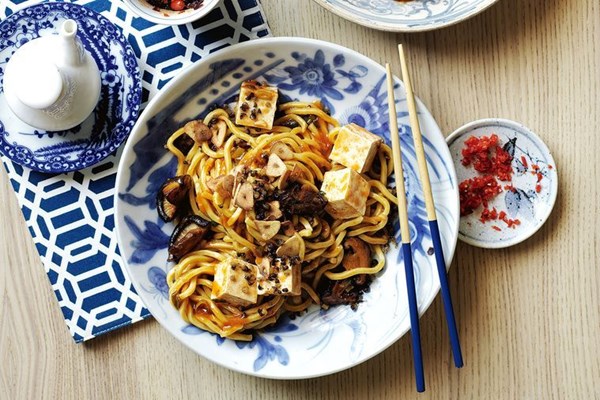 Mapo tofu noodles with lentils