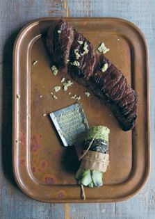 Marbled calotte, shiso dressing and wasabi