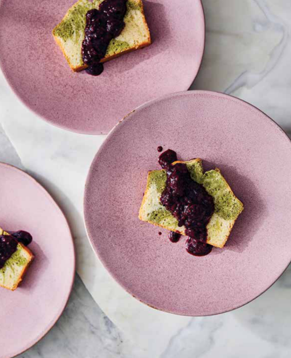 Marbled matcha pound cake with berry compote