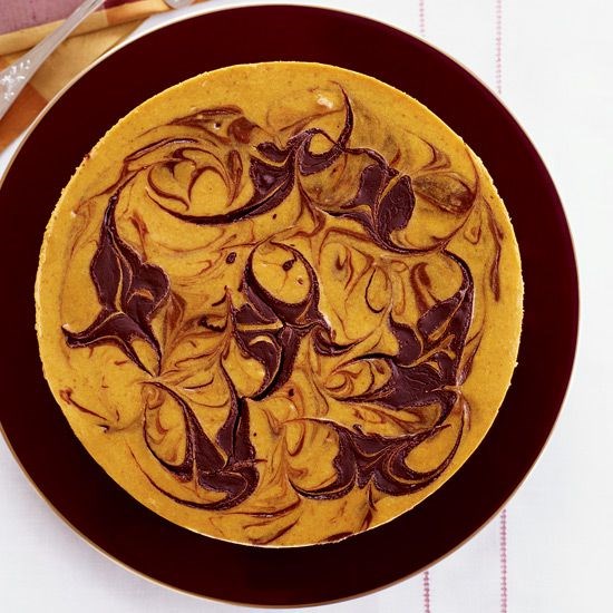 Marbled pumpkin cheesecake with a brownie crust
