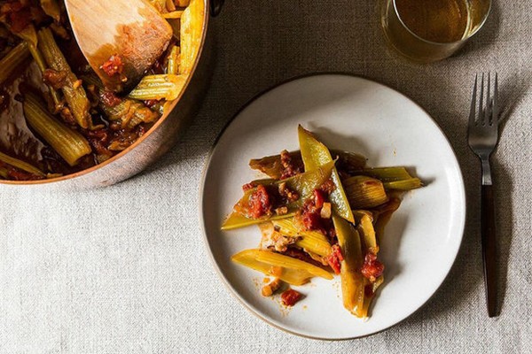 Marcella Hazan's braised celery with onion, pancetta, and tomatoes