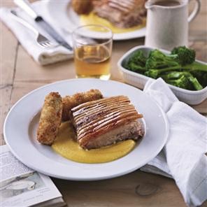 Marcus's pork belly with wild garlic croquettes, root veg purée and cider sauce