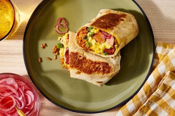 Mardi Gras breakfast burritos with andouille sausage 