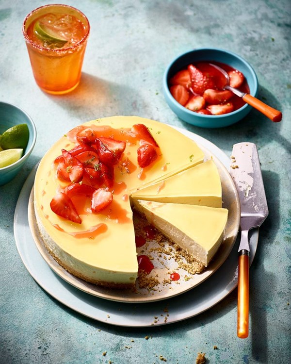 Margarita cheesecake with tequila strawberries 