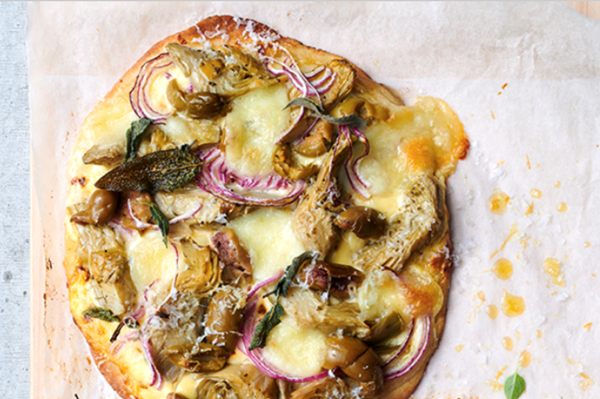 Marinated artichoke, sage and Parmesan pizzas