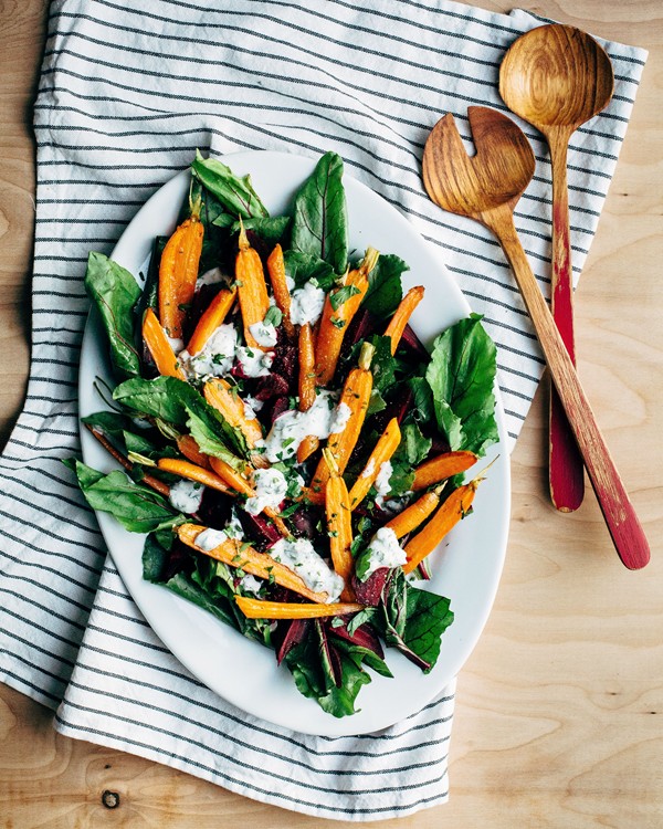 Marinated baby beet and carrot salad with yogurt ranch dressing