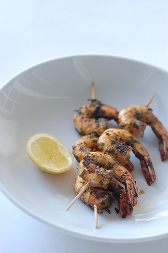 Marinated BBQ prawns (shrimp) with tahini sauce