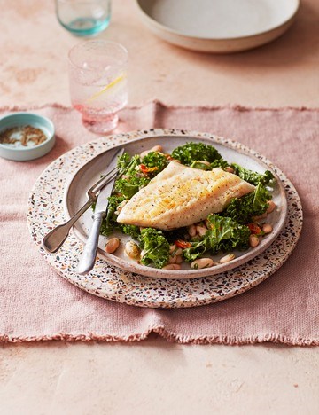 Marinated beans with kale and cod