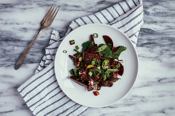 Marinated beet salad with garlic confit dressing