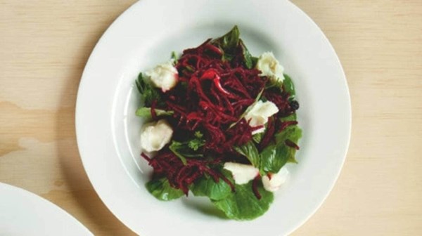 Marinated beetroot and soft herb salad with chèvre and hazelnut vinaigrette