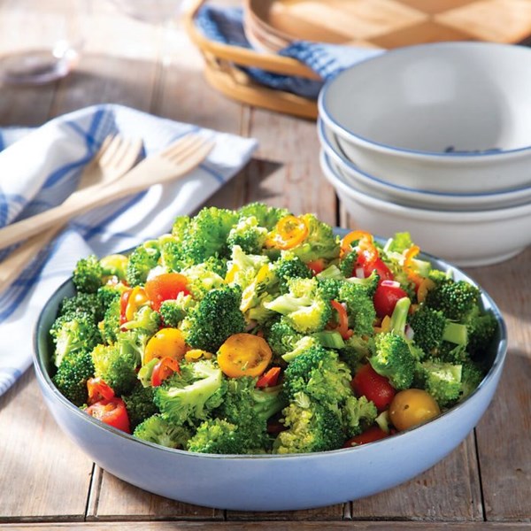 Marinated broccoli salad with pickled sweet peppers