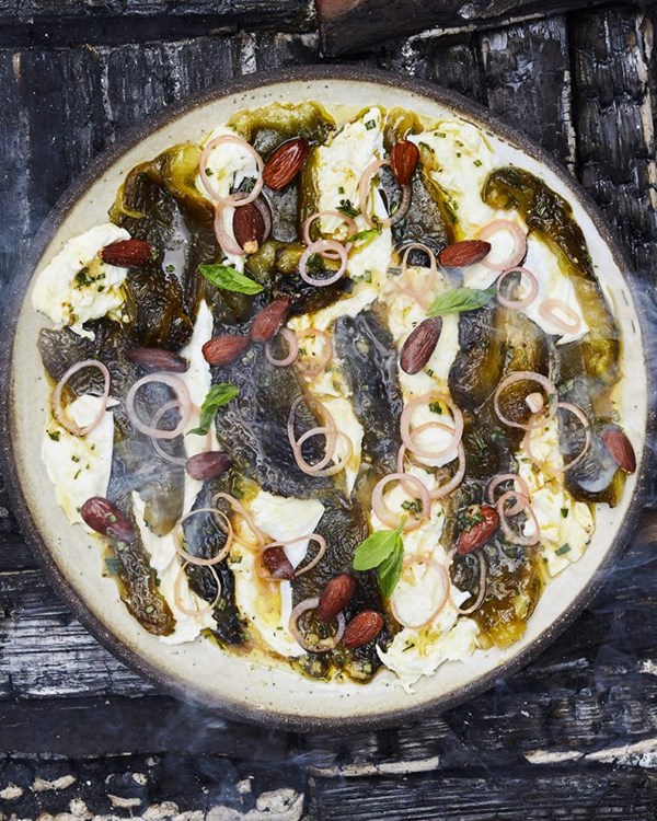 Marinated burnt green peppers with mozzarella & sweet pickled shallots