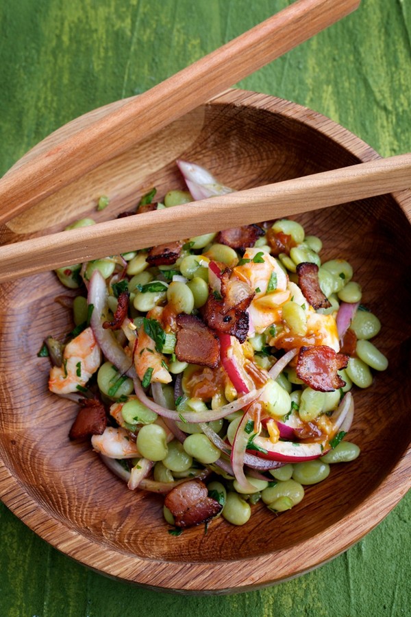 Marinated butter bean-shrimp salad with a hot bacon and green tomato vinaigrette