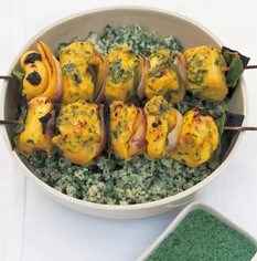 Marinated chicken brochettes with green couscous