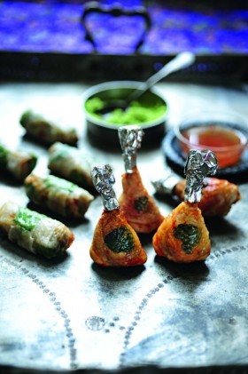 Marinated chicken drumsticks with chilli coconut relish, and rice paper rolls with lemongrass syrup dipping sauce