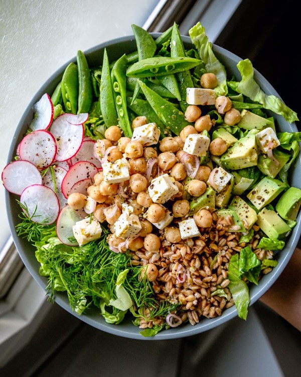 Marinated chickpea and feta salad with spring veggies