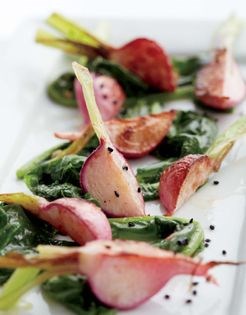 Marinated Chioggia beets and their greens with nigella seeds and sherry vinegar