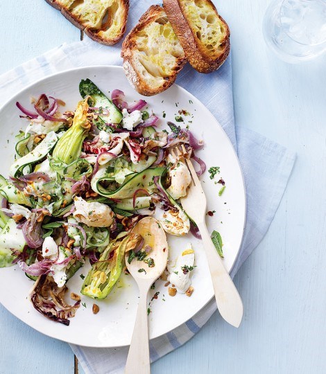 Marinated courgette salad with smoked mozzarella and hazelnuts