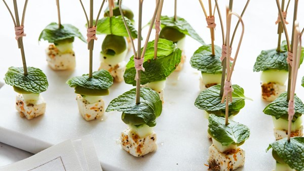 Marinated feta and olive skewers