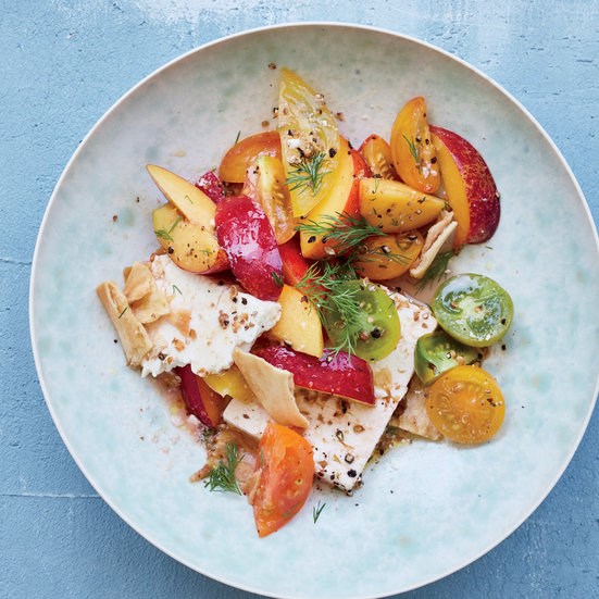 Marinated feta with nectarine and tomato fattoush