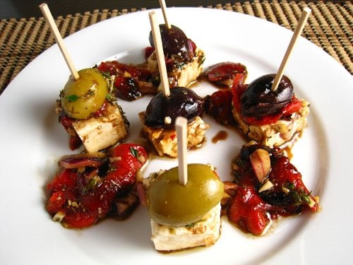 Marinated feta with olives and roasted red pepper