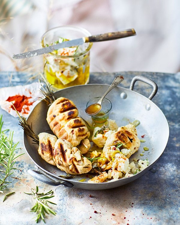 Marinated feta with onion damper bread