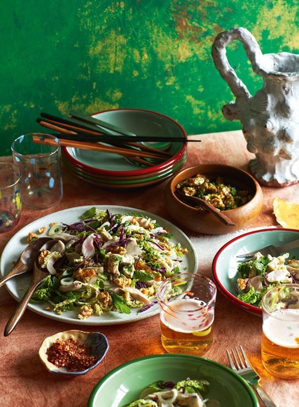 Marinated fish salad with peanut-brittle dressing