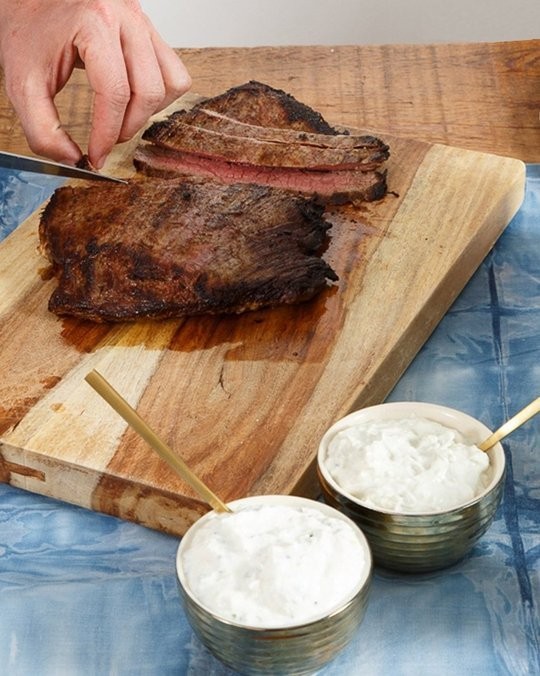 Marinated flank steak with two sauces