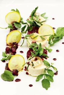 Marinated goat’s cheese salad (Marinated goat's cheese and watercress salad with beetroot and elderberry syrup)