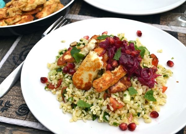 Marinated halloumi with a mint, pomegranate and red onion relish and bulgur wheat salad 