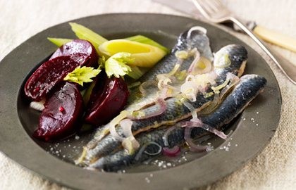 Marinated herrings with beetroot, leeks and horseradish