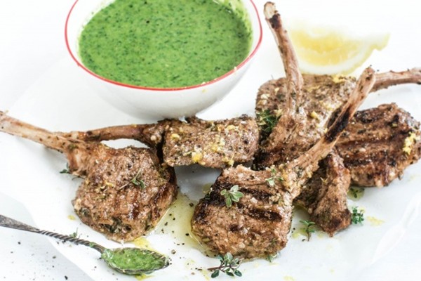 Marinated lamb cutlets with herb dipping sauce