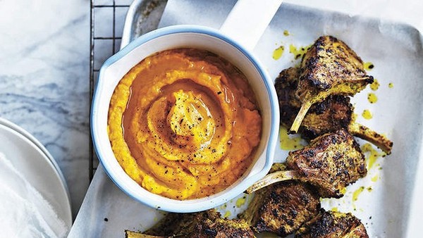 Marinated lamb cutlets with pumpkin puree