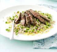 Marinated lamb steaks with barley salad