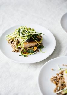 Marinated leek salad with wheat berries, carrots, and seared salmon