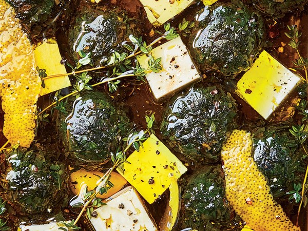 Marinated lemony herb "jam" with feta